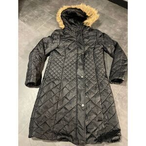 Jaclyn Smith Black Quilted Parka Coat‎ with Faux Fur Hood Winter Jacket D-7